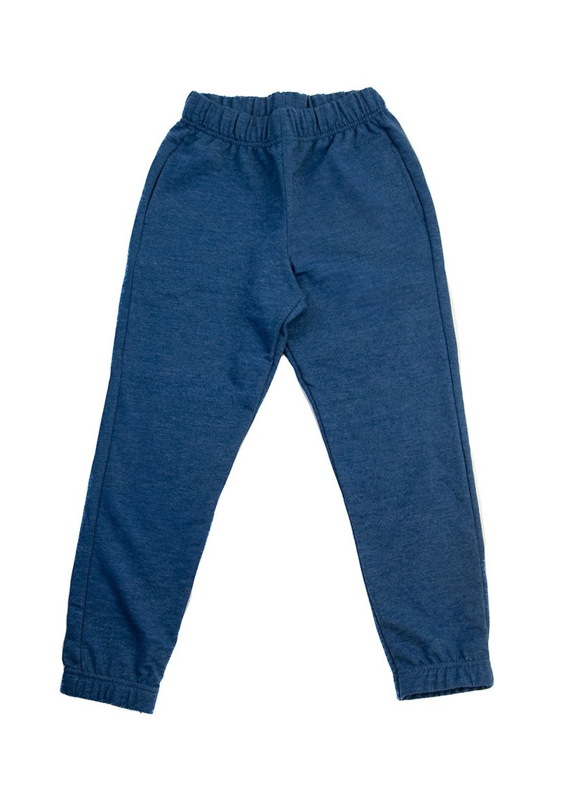 Niebieskie dresy wykonane z miękkiego materiału, z elastycznym paskiem w talii, zwężającym się krojem nogawek i ściągaczami na kostkach. Nie ma widocznych kieszeni.