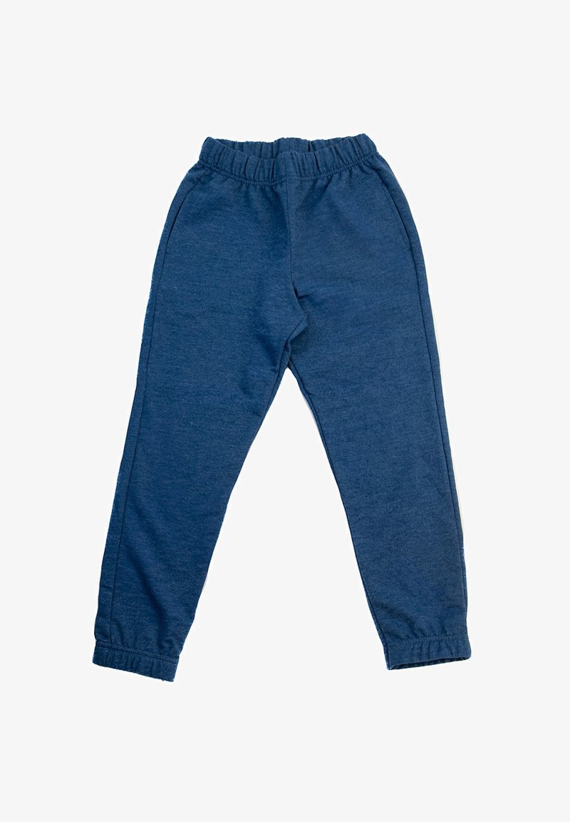 Niebieskie dresy wykonane z miękkiego materiału, z elastycznym paskiem w talii, zwężającym się krojem nogawek i ściągaczami na kostkach. Nie ma widocznych kieszeni.