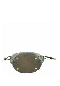 Runde Ledertasche in gedecktem Olivgrün, mit einem Blumenmuster und bunten Akzenten. Die Beschläge umfassen Füße in goldfarbener Ausführung und Schnürverschlüsse.
