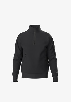 Schwarzer langärmliger Pullover mit kurzem Front-Reißverschluss, hohem Kragen, Reißverschlusstaschen vorne und am linken Ärmel, elastischen Bündchen mit Daumenlöchern.