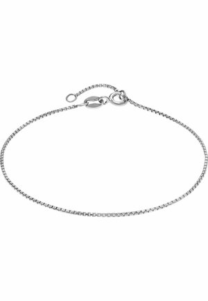 Silver chain bracelet featuring a flat, rectangular link design with a lobster clasp and adjustable length. Smooth texture, minimal accents.