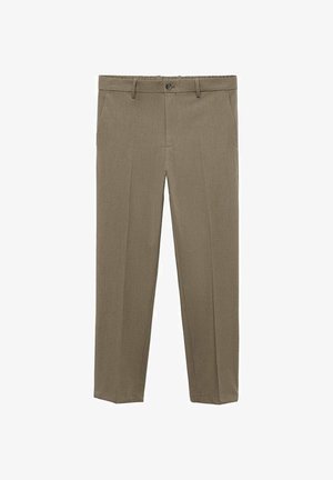 Hnedé nohavice so strihom rovného nohu, pútka na opasok, zapínanie na gombík a dve bočné vrecká; vyrobené z ľahkého materiálu.