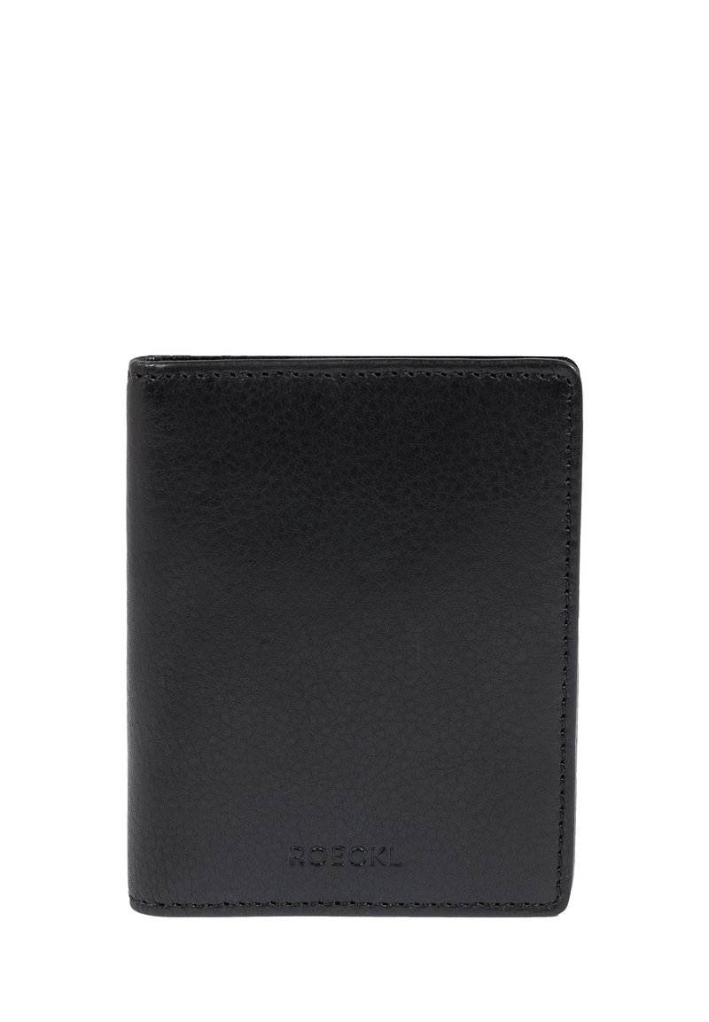 Black leather wallet with a textured finish, bi-fold design, and subtle logo embossing. Edges are neatly stitched for durability.
