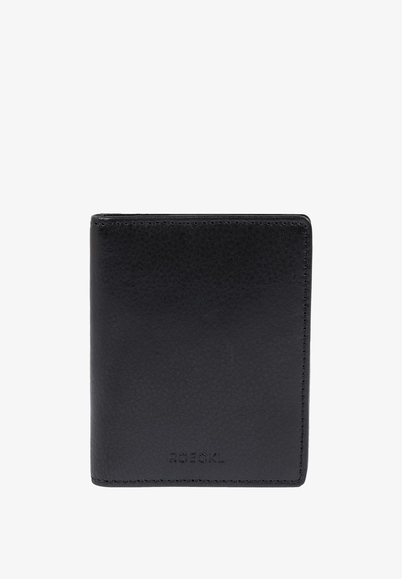 Black leather wallet with a textured finish, bi-fold design, and subtle logo embossing. Edges are neatly stitched for durability.