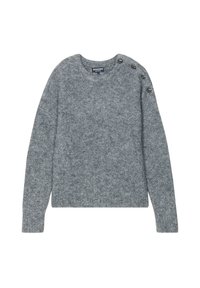 Maglione grigio a maglia con collo girocollo, maniche lunghe e bottoni decorativi sulla spalla sinistra. Tessuto medio-pesante con una texture.