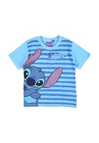 T-shirt en coton bleu clair avec des rayures horizontales bleu foncé et un personnage de dessin animé, Stitch, sur le devant. Col rond, manches courtes.