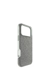 Coque de téléphone avec une surface texturée grise présentant un motif de petits points, profil mince et cadre gris clair contrastant.