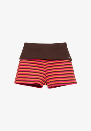 Rjavi kratki hlače z zloženim pasom, z vodoravnimi črtami v roza, oranžni in črni barvi na spodnjem delu na belem ozadju.