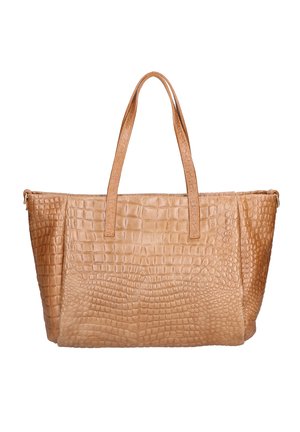Sac fourre-tout marron clair avec texture crocodile, deux bretelles d'épaule et une forme rectangulaire large.
