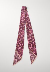 Silk scarf featuring a purple and pink floral pattern with yellow accents, rectangular shape, and a smooth texture. Edged in light pink.