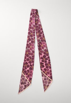 Silk scarf featuring a purple and pink floral pattern with yellow accents, rectangular shape, and a smooth texture. Edged in light pink.