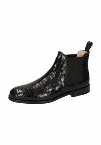 Botín Chelsea de cuero negro con un patrón texturizado de cocodrilo, paneles laterales elásticos y una lengüeta. Presenta una puntera redondeada y suela plana.
