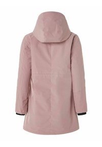 Veste rose clair, à mi-mollet, avec capuche, fabriquée en matériau lisse. Présente des poignets noirs et un design de couture arrière droit.