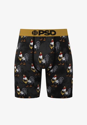 Herren-Boxershorts mit schwarzem Hintergrund, versehen mit buntem Hahn-Motiv und einem goldenen elastischen Bund mit schwarzem Markenlogo.