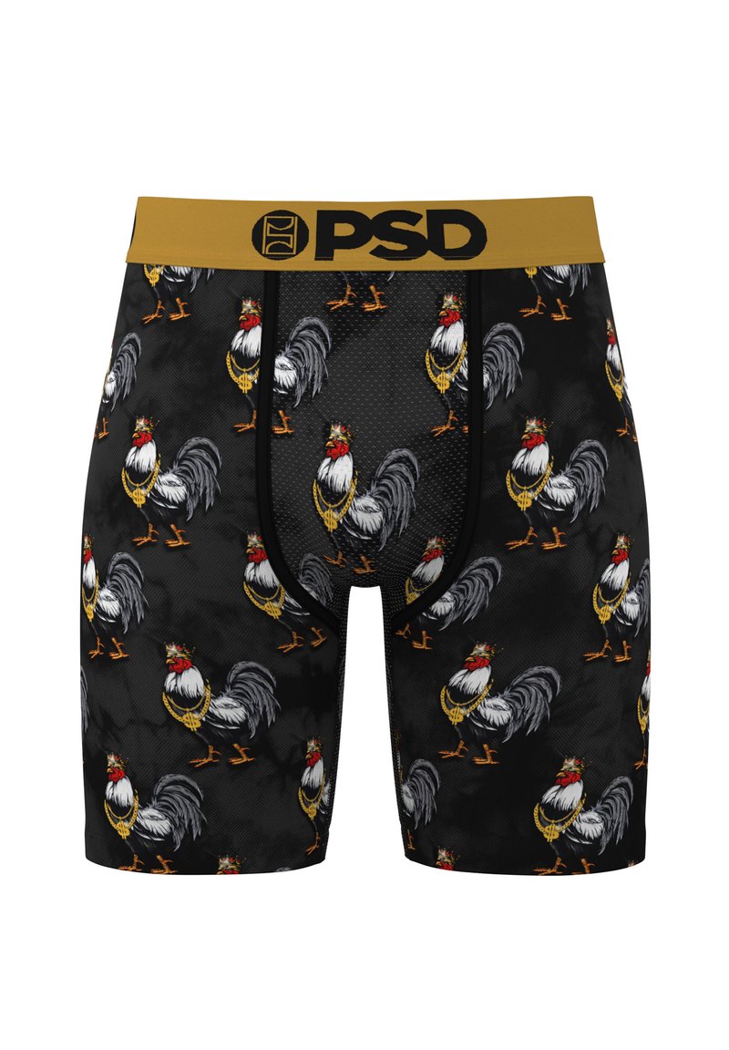 Boxers pour hommes avec un fond noir, ornés d'un imprimé coloré de coqs et une ceinture élastique dorée avec un logo noir.