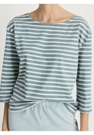 Vrouw in een lichtblauw en wit horizontaal gestreept overhemd met lange mouwen en een lichtblauwe broek, gezien van nek tot heupen.