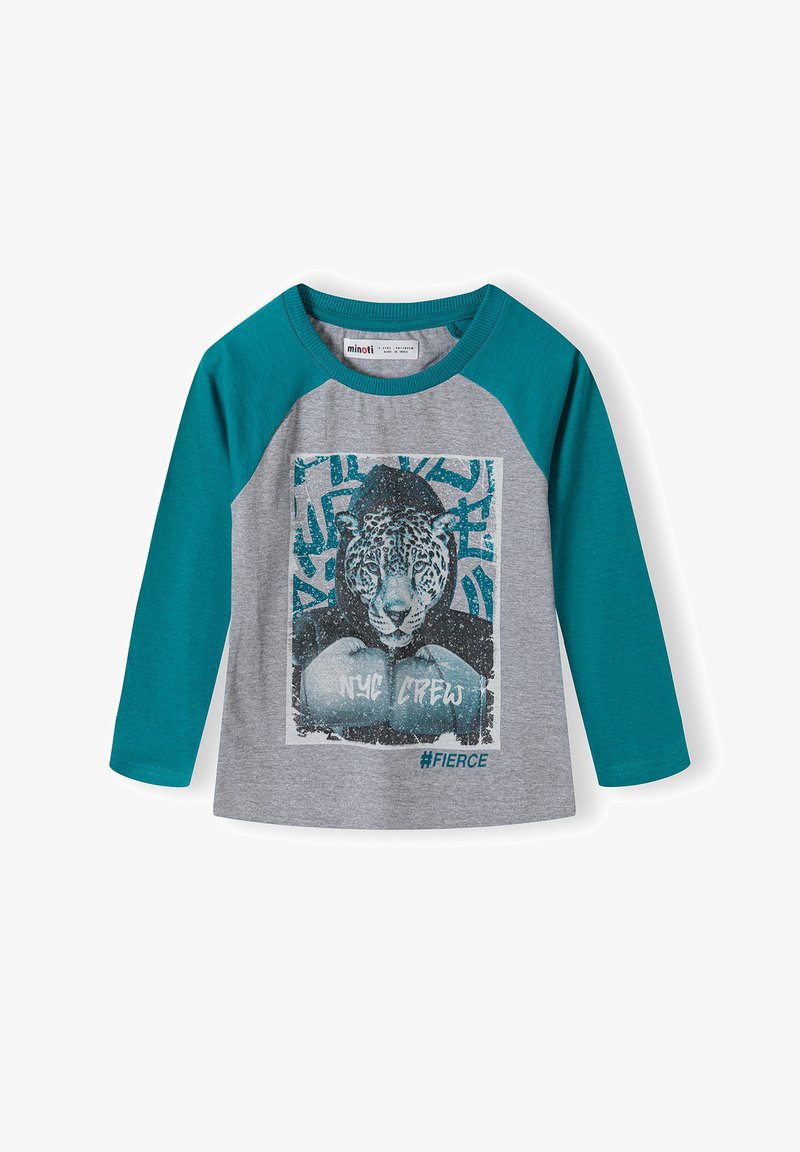 Hosszú ujjú ing türkiz színű raglán ujjakra, szürke testen, tigeres grafikával és a "#FIERCE" és "NYC CREW" felirattal.