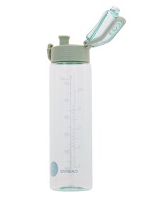 Transparent plastic water bottle with a light green screw cap, measuring scale on the side, and a hinged flip-top lid for easy access.