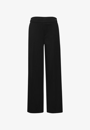 Pantalon noir à jambes larges avec une taille haute dotée de détails de boutons de chaque côté, coupe ajustée et devant épuré.