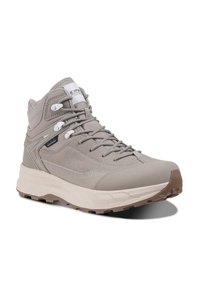 Szare półwysokie buty trekkingowe wykonane z materiałów syntetycznych, z teksturowaną cholewką, sznurowanym zapięciem i grubą gumową podeszwą z bieżnikiem.