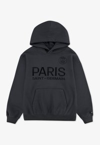 Dunkelgrauer Hoodie aus weichem Material, mit einer Fronttasche und Kapuze. Gesticktes Logo "PARIS SAINT-GERMAIN" in Schwarz auf der Brust.