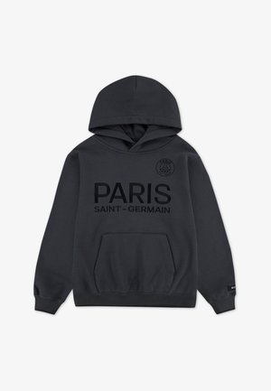 Hoodie cinza-escuro feito de tecido macio, com um bolso frontal e capuz. Logótipo bordado "PARIS SAINT-GERMAIN" em preto no peito.