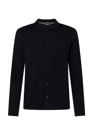 Black long-sleeve cardigan with a collar and button-down front, made of fine knit fabric, featuring subtle logo embroidery on the chest.