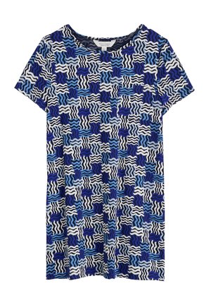 Lyhythihainen T-paita, jossa on abstrakti ruutukuvio sinisillä, mustilla, valkoisilla ja vaaleansinisillä aaltoilevilla viivoilla.