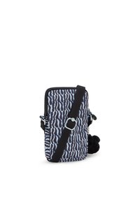 Borsa a tracolla a pois zebra in tessuto blu e nero con tracolla nera, chiusura con zip e pom-pom nero come accento.