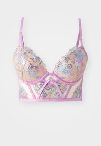 Mežģīņu bralette ar caurspīdīgu audumu, ziedu izšuvumiem zilos un rozā toņos, gaiši violetām siksnām un dekoratīvu centru.