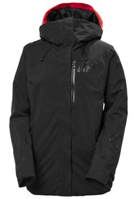Black waterproof jacket with a red hood. Features include a zippered front pocket, adjustable drawstring, and logo accents on chest and sleeve.