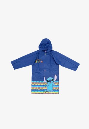 Blue children's raincoat with hood, colorful wavy stripes at the bottom, and a large Stitch character from Disney on the front.