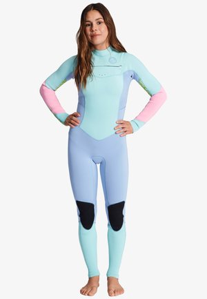 Wetsuit in light blue with pink and green accents. Features long sleeves, knee pads, and a fitted design for water sports.