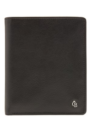 Portafoglio in pelle nera con superficie texturizzata, design pieghevole e dettaglio in logo silver nell'angolo in basso a destra.