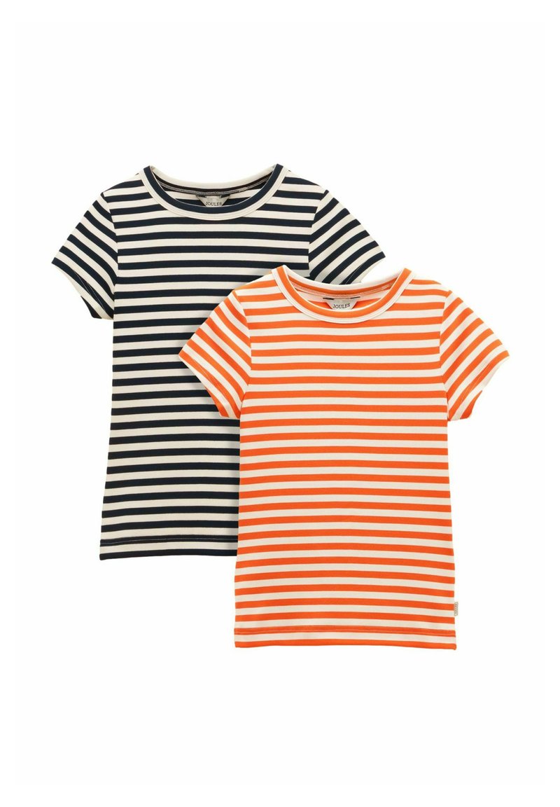 Deux t-shirts à manches courtes et col rond, l'un à rayures noires et blanches, l'autre à rayures orange et blanches, posés à plat.