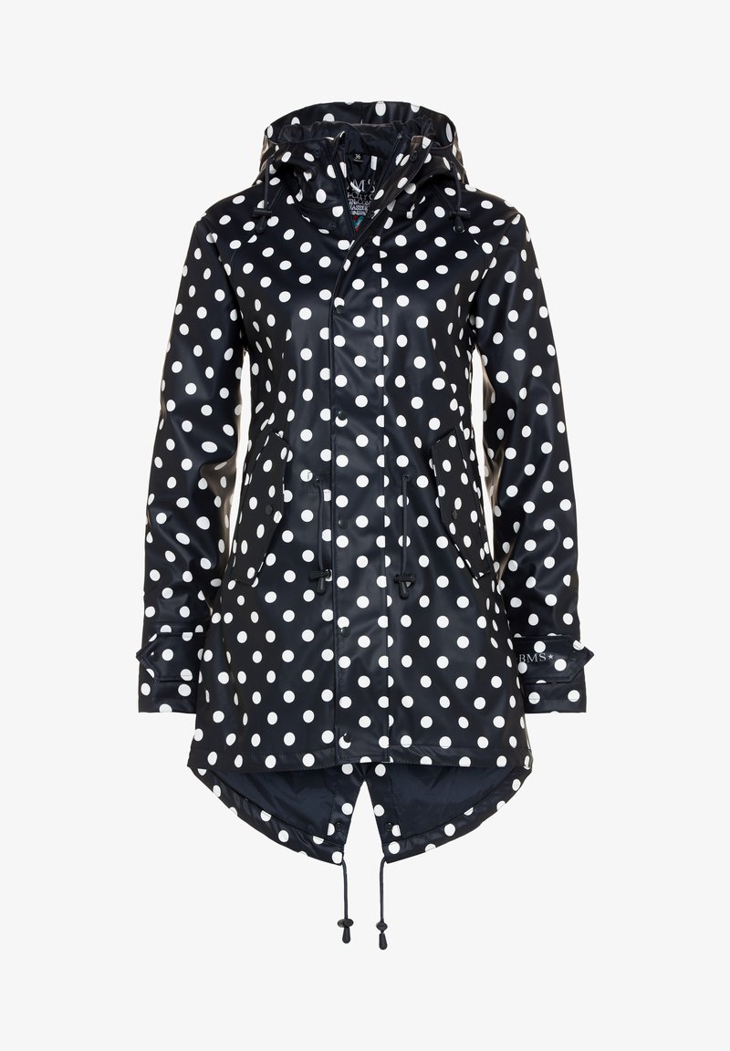 Black waterproof coat featuring white polka dots, a hood, drawstring waist, and two front pockets. Hem is longer at the back.