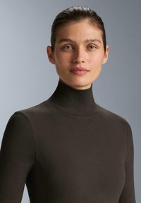 Barna, hosszú ujjú garbó felső sima textúrával és testhez álló dizájnnal, magas nyakkal és minimális varrási részletekkel.