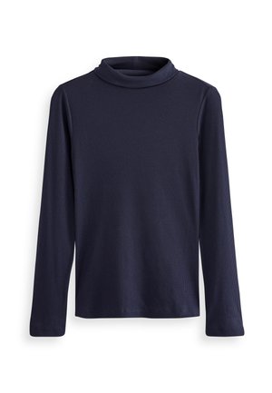 Marineblauwe langemouwen turtlenecktop van ribstof, met een slim fit ontwerp en een zachte, hoge kraag voor comfortabel dragen.