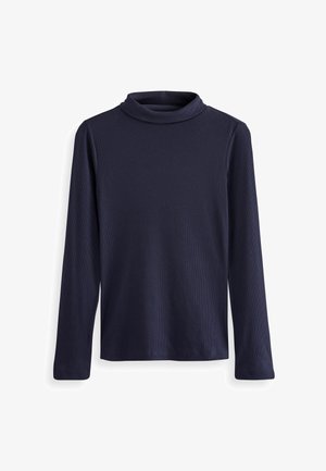 Navyfarbener Longsleeve-Pullover mit Stehkragen aus geripptem Material, der eine taillierte Passform und einen weichen, hohen Kragen für erhöhten Komfort bietet.