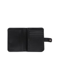Portefeuille en cuir noir, avec une finition texturée, plusieurs emplacements pour cartes et une fermeture à clip. Design rectangulaire compact pour un rangement facile.