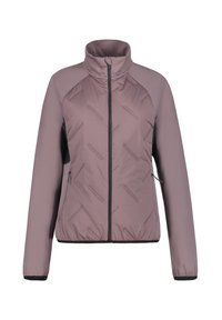 Giacca imbottita in lavanda tenue con colletto rialzato, cuciture diagonali, tasche laterali e dettagli neri su polsini e orlo.