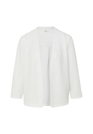 Biały, otwarty żakiet z długimi rękawami i prostym dołem, wykonany z gładkiej tkaniny, prezentowany na jednolitym tle.