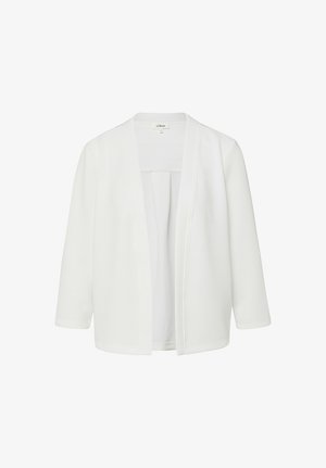 Weißer Blazer mit offenem Frontdesign, langen Ärmeln und geradem Saum, aus glattem Stoff, vor einfarbigem Hintergrund präsentiert.