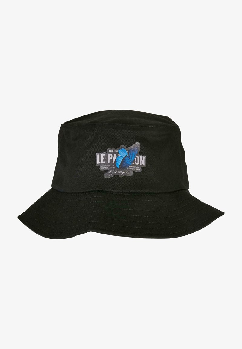 Schwarzer Bucket Hat aus Stoff mit breiter Krempe. Mit einem blauen Schmetterlings-Graphic und dem Text "LE PAPILLON" auf der Vorderseite.