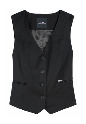 Czarna bezrękawnik z dekoltem w kształcie litery V, pięcioma guzikami z przodu, dwiema bocznymi kieszeniami i gładką satynową podszewką. Posiada metalową metkę marki.