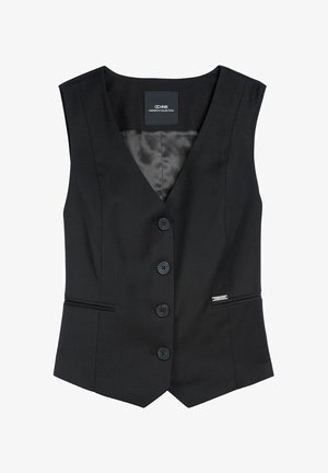 Czarna bezrękawnik z dekoltem w kształcie litery V, pięcioma guzikami z przodu, dwiema bocznymi kieszeniami i gładką satynową podszewką. Posiada metalową metkę marki.