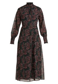 Pitkähihainen, korkeakauluksinen mekko tummanvihreänä, jossa on kukkakuvioita punaisen ja vaaleanpunaisen sävyissä. Läpinäkyvä kangas, rypytetyt hihansuut ja nappiyksityiskohtia.