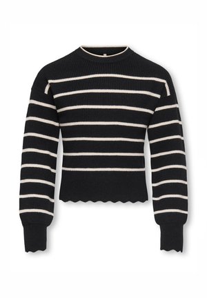 Black and cream-striped knit sweater with a ribbed texture. Features a scalloped hem and long sleeves with fitted cuffs. Round neckline.