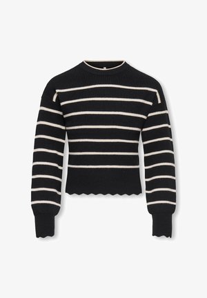 Crno-kremasti prugasti pleteni džemper s rebrastom teksturom. Ima valoviti rub i duge rukave s prianjajućim manžetama. Okrugli izrez na vratu.