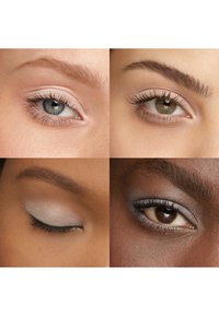 Quatre gros plans d'yeux divers avec un fard à paupières aux tons neutres et du mascara, deux yeux ouverts et deux yeux fermés.